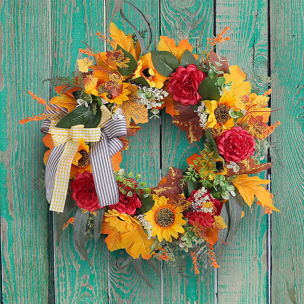 Thanksgiving Artificial Vine Wreath with Pumpkins and Maple Leaves-3