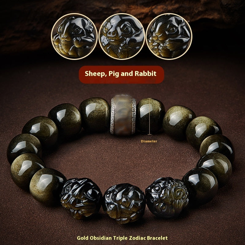 Five Gods of Wealth Lucky Beads Bracelet Zodiac Gold Obsidian Handheld Rosary