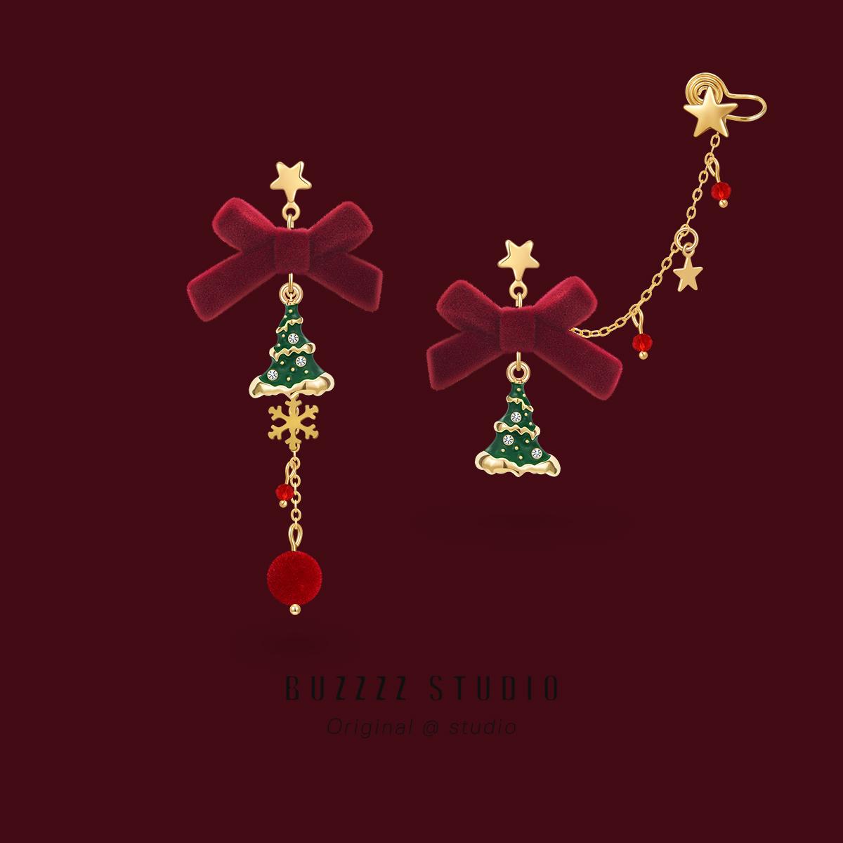2025 Christmas Bow & Tree Earrings or Ear Clips – Festive Jewelry Gift