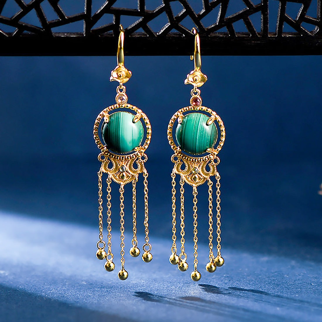 Ancient Style Long Tassel Hetian Jade Malachite Auspicious Cloud Earrings-2