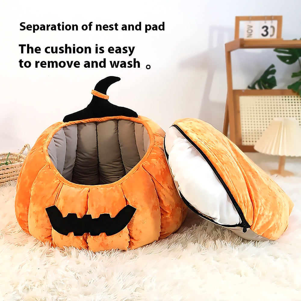 Halloween Pumpkin Pet Bed Warm Cozy Cat Nest-3