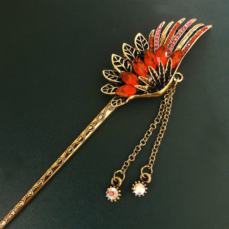Feather Rhinestone Long Tassel Super Fairy Retro Hanfu Ancient Costume Coil Hair Headdress Bride Hairpin