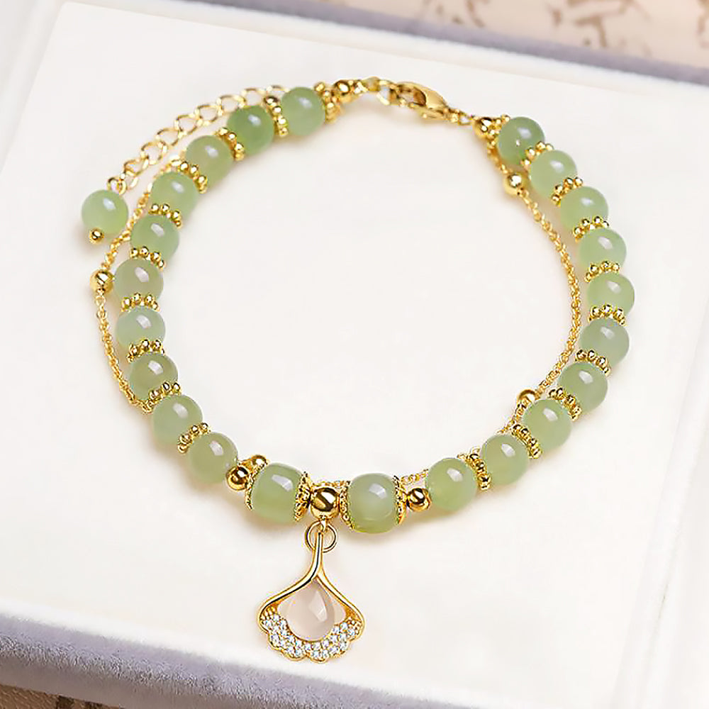 Double Layer Hetian Jade Bracelet with Apricot Leaf Design for Women-4