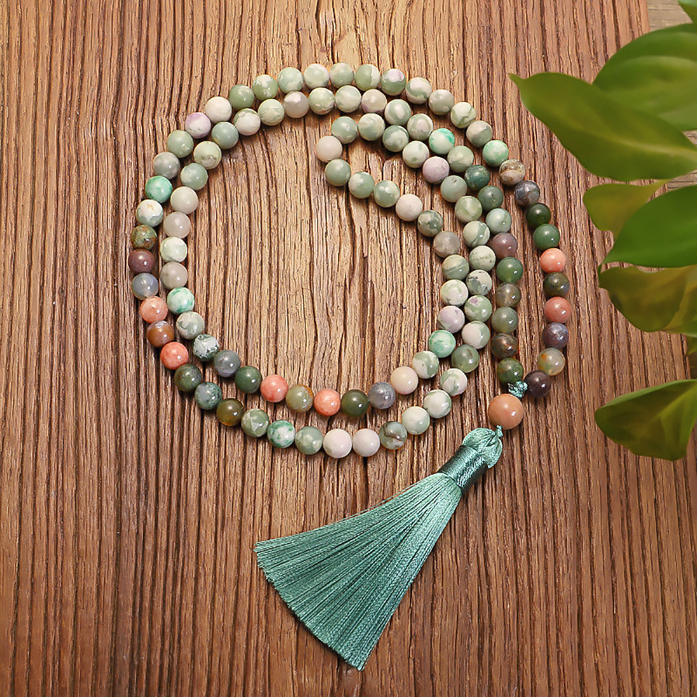 108 Beads Natural Stone Tassel Necklace Indian Agate Bracelet Mala Jewelry-4