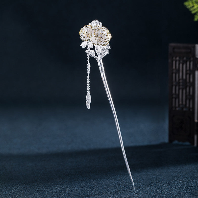 Chinese flower hairpin in silver with monthly floral symbols