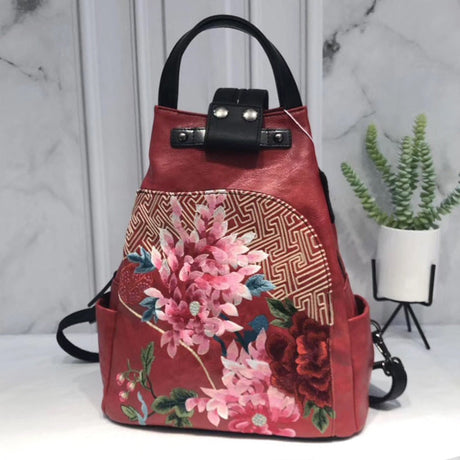 Lock Bucket Bag Flower Cluster Embroidery Patchwork Shoulder Bag-3