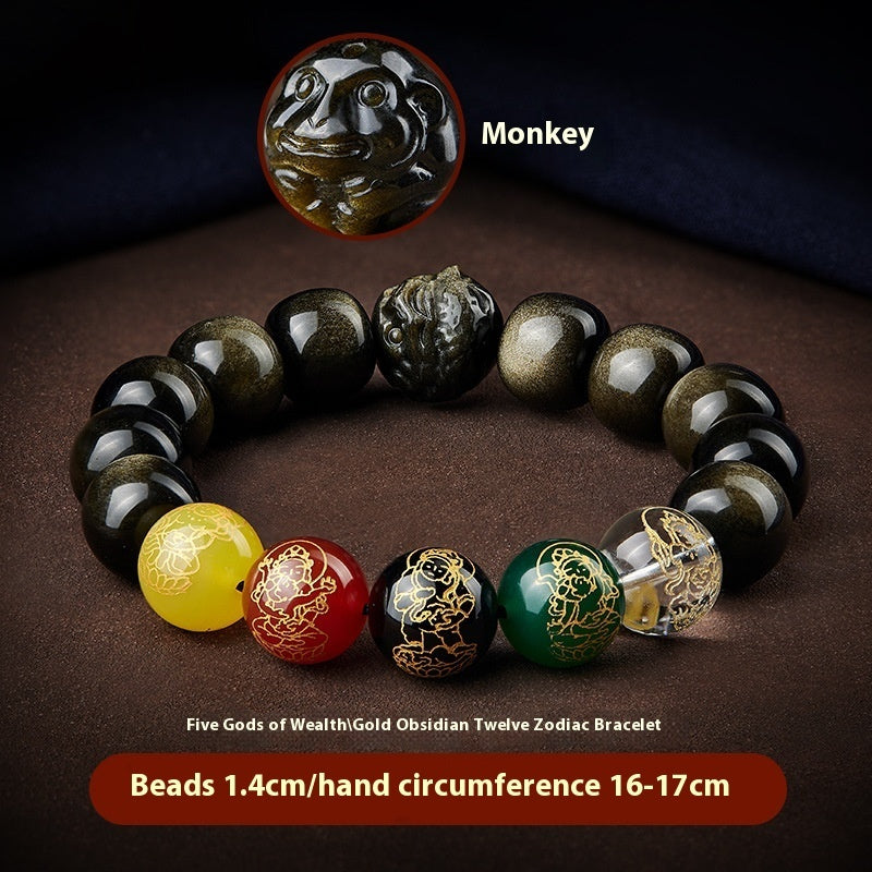 Five Gods of Wealth Lucky Beads Bracelet Zodiac Gold Obsidian Handheld Rosary