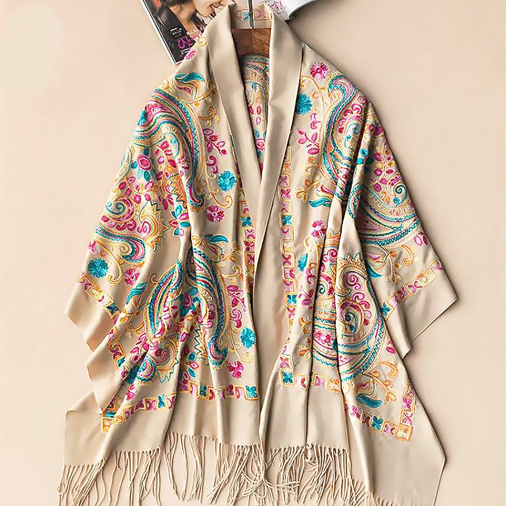 Chinese Ethnic Style Plain Fabric Embroidered Scarf Large Shawl-3