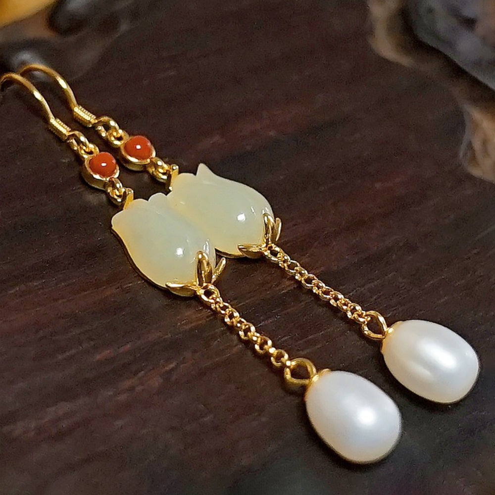 Gold Plated Hetian Jade Long Tassel Earrings Gift for Wife-4