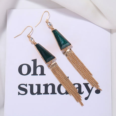 Vintage Geometric Tassel Earrings with Dark Green Gemstones-2