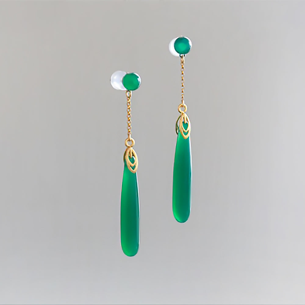 Green Chalcedony Earrings Chinese Vintage Sterling Silver Gift for Women-1