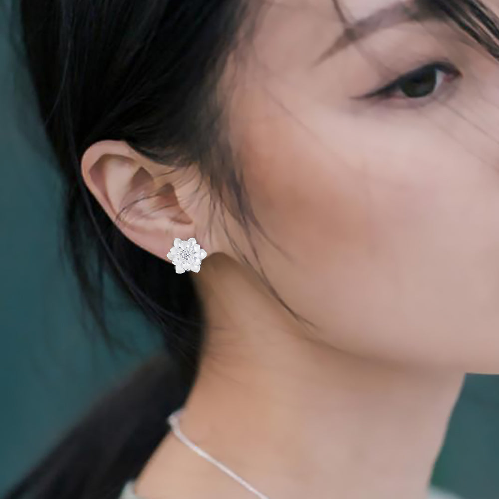 Sterling Silver Lotus Earrings Women’s Chinese Style Flower Jewelry-7