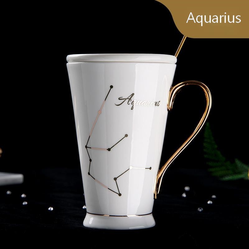 Zodiac Ceramic Mug with Lid & Spoon – 12 Constellations