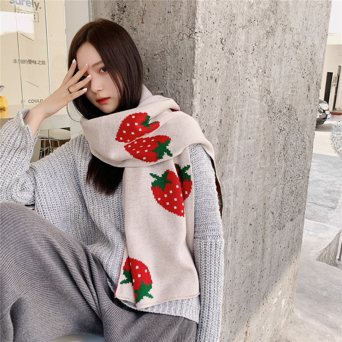 Long Strawberry Knitted Scarf