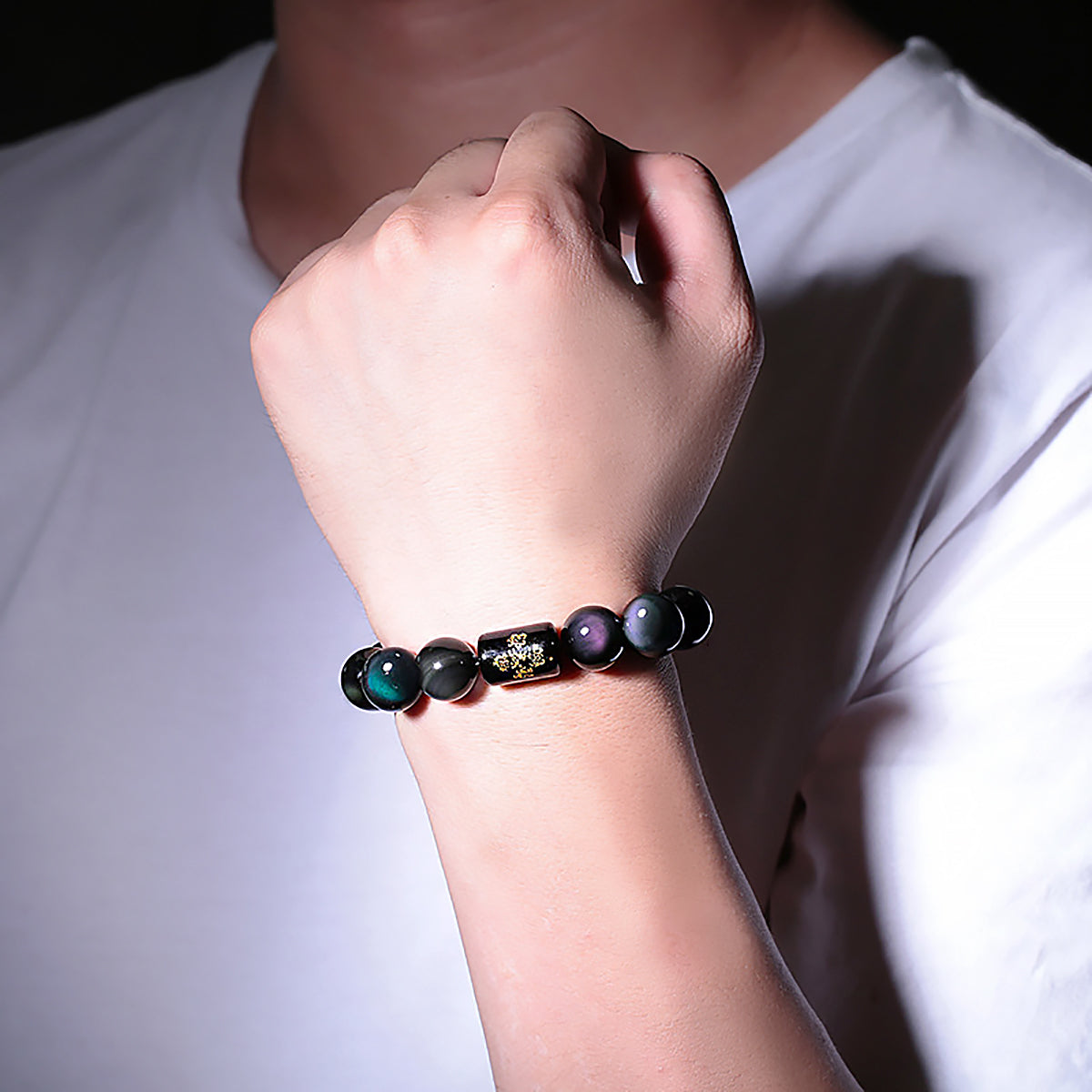Rainbow Eye Obsidian Bracelet Natural Black Crystal Bead Bracelet-2