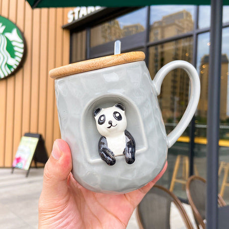3D ceramic office mug with cartoon panda and lid