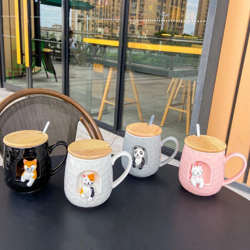 3D ceramic office mug with cartoon panda and lid