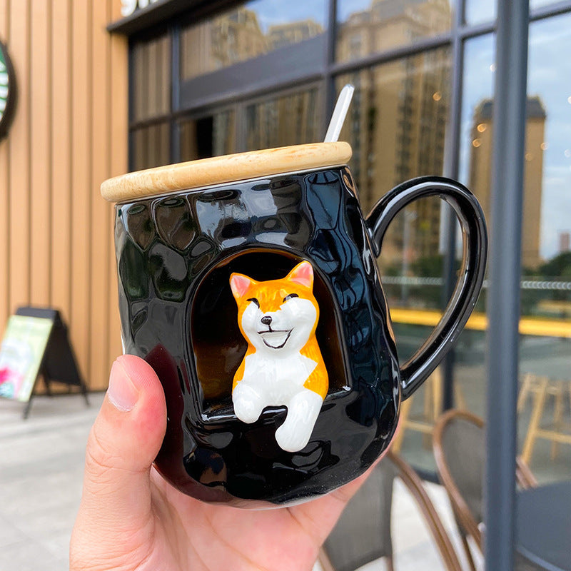 3D ceramic office mug with cartoon panda and lid