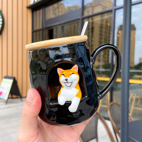 3D ceramic office mug with cartoon panda and lid