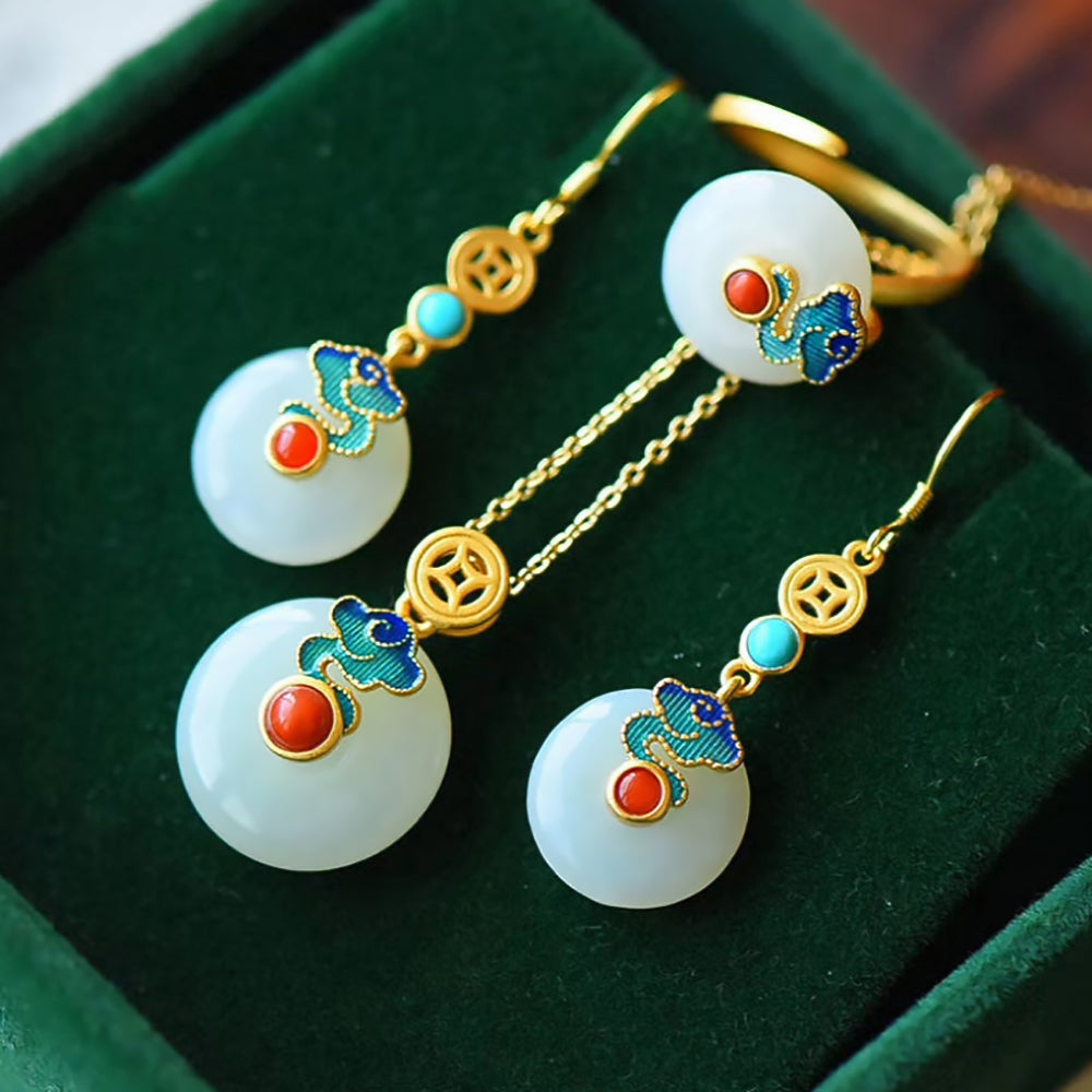 Hetian Jade Jewelry Set with Safe Buckle Pendant, Earrings & Ring-1