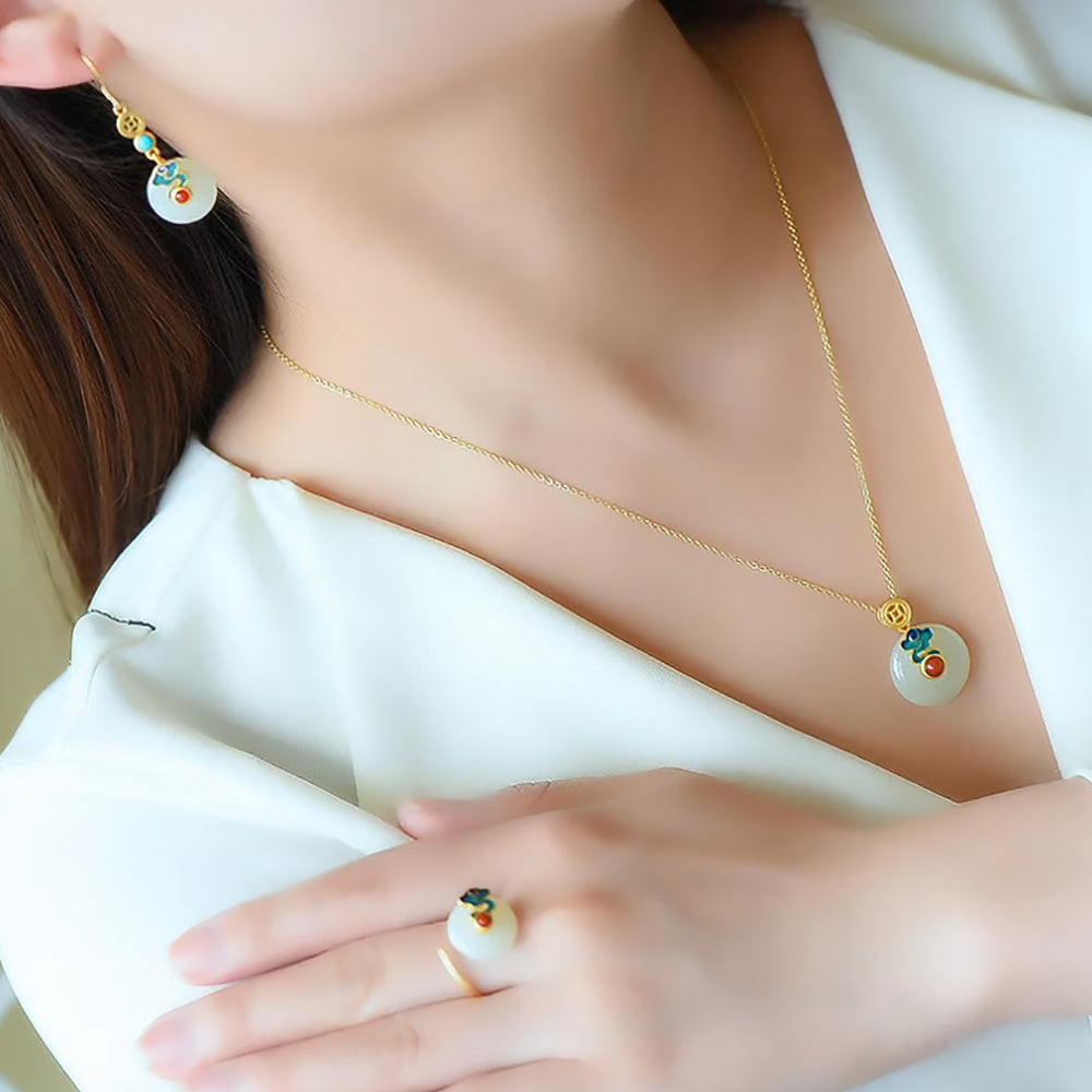 Hetian Jade Jewelry Set with Safe Buckle Pendant, Earrings & Ring-6