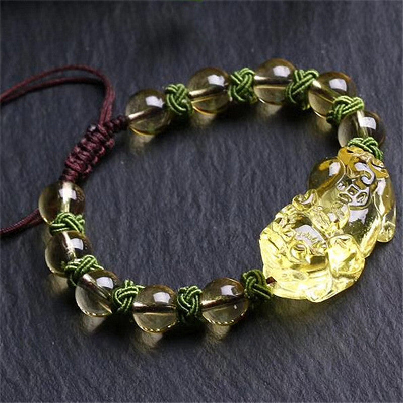 Natural Citrine Pixiu Round Bead Bracelet