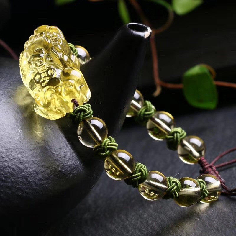 Natural Citrine Pixiu Round Bead Bracelet
