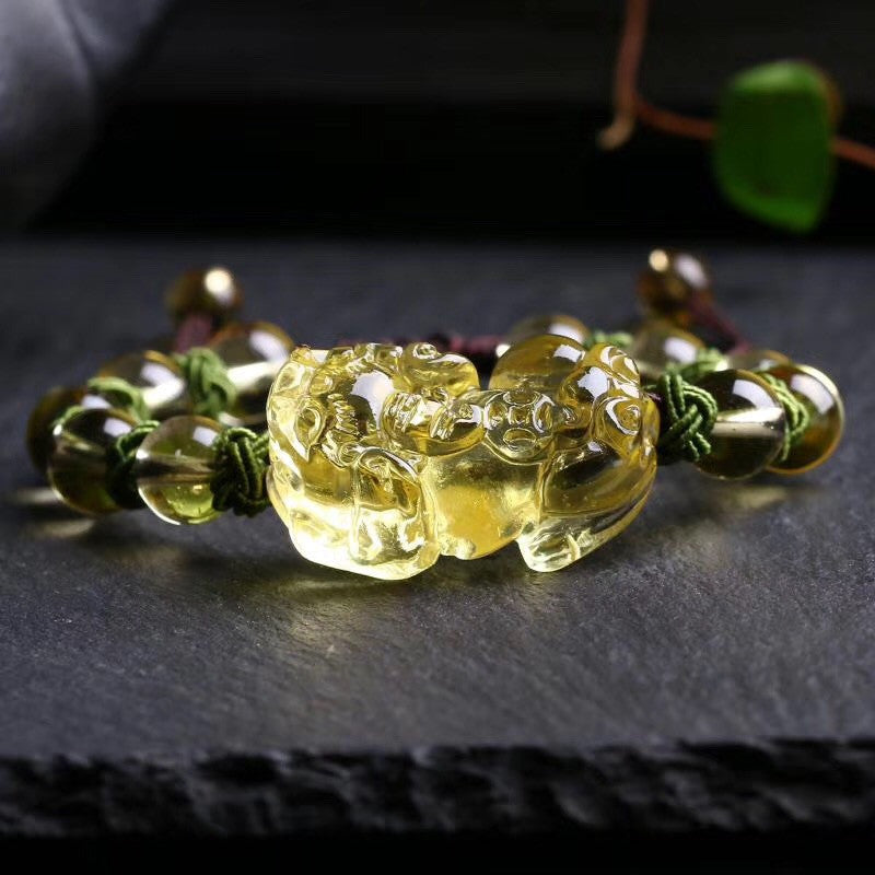 Natural Citrine Pixiu Round Bead Bracelet