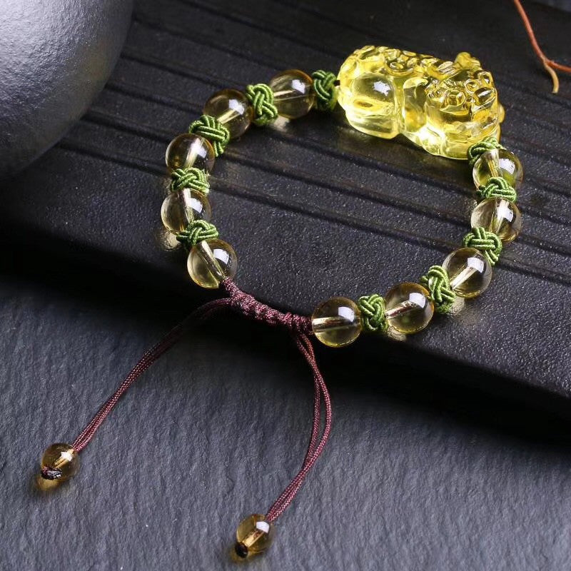 Natural Citrine Pixiu Round Bead Bracelet