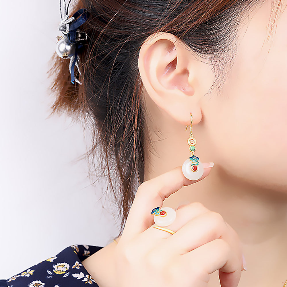 Hetian Jade Jewelry Set with Safe Buckle Pendant, Earrings & Ring-9