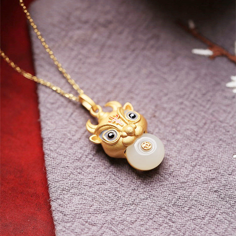 Hetian Jade Safe Buckle Bull Head Pendant Ancient Silver Gold Inlaid Jade Natural Pendant Clavicle Necklace