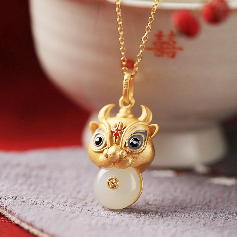 Hetian Jade Safe Buckle Bull Head Pendant Ancient Silver Gold Inlaid Jade Natural Pendant Clavicle Necklace