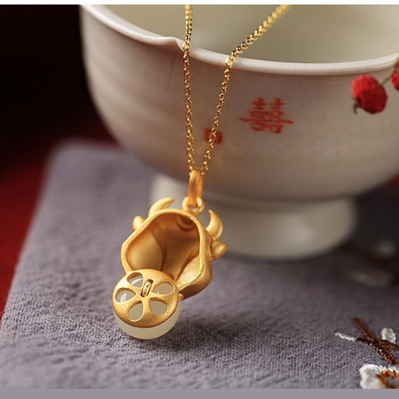 Hetian Jade Safe Buckle Bull Head Pendant Ancient Silver Gold Inlaid Jade Natural Pendant Clavicle Necklace