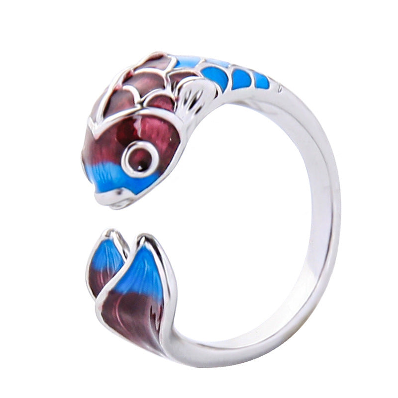 Chinese Style Colorful Blue Opening Adjustable Fish Leaping Dragon Gate Auspicious Wishful Ring