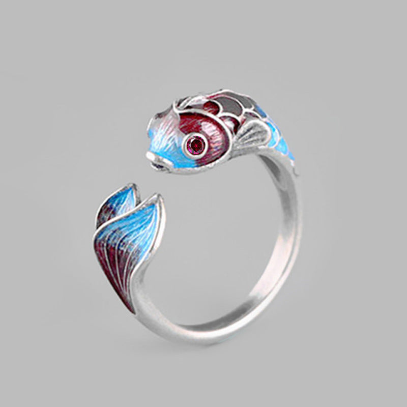 Chinese Style Colorful Blue Opening Adjustable Fish Leaping Dragon Gate Auspicious Wishful Ring