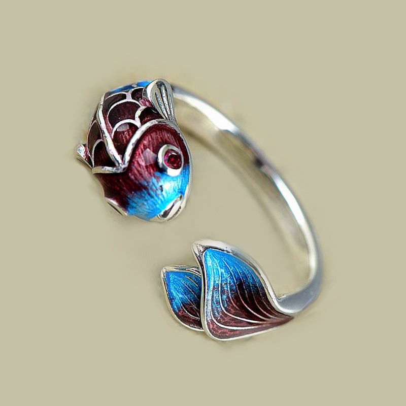 Chinese Style Colorful Blue Opening Adjustable Fish Leaping Dragon Gate Auspicious Wishful Ring