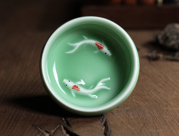 Celadon Tea Set, Tasting Cup, Small Fish Tea Cup, Geyao Ice Cracked Glazed Carp Cup, Small Tea Bowl