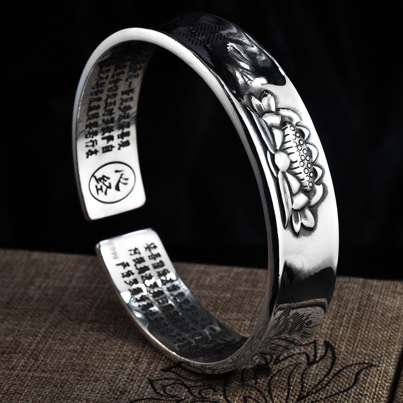 Lotus S999 Silver Bangle Mantra Open Cuff Bracelet-4