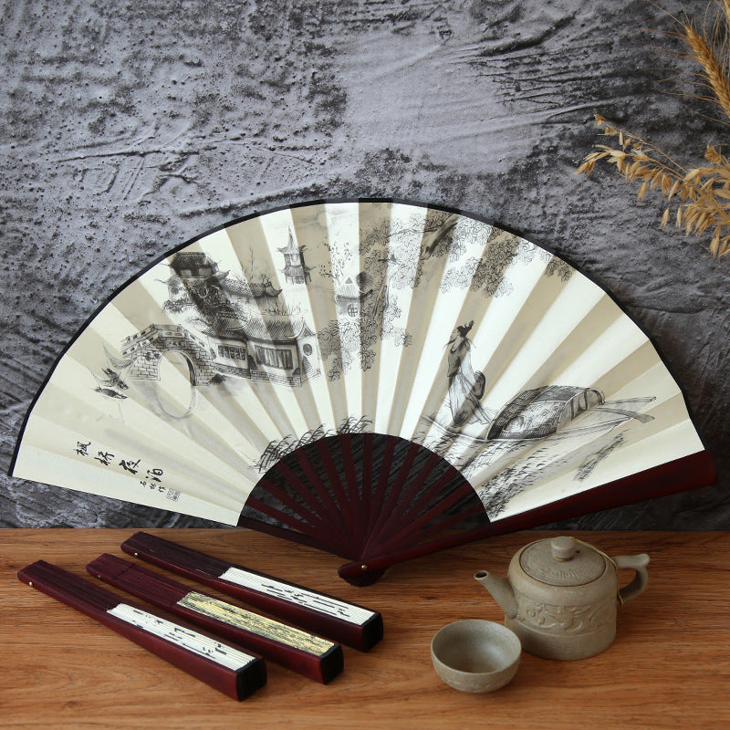 Chinese Silk Folding Fan Bamboo Frame Classical Print Gift for Him-1