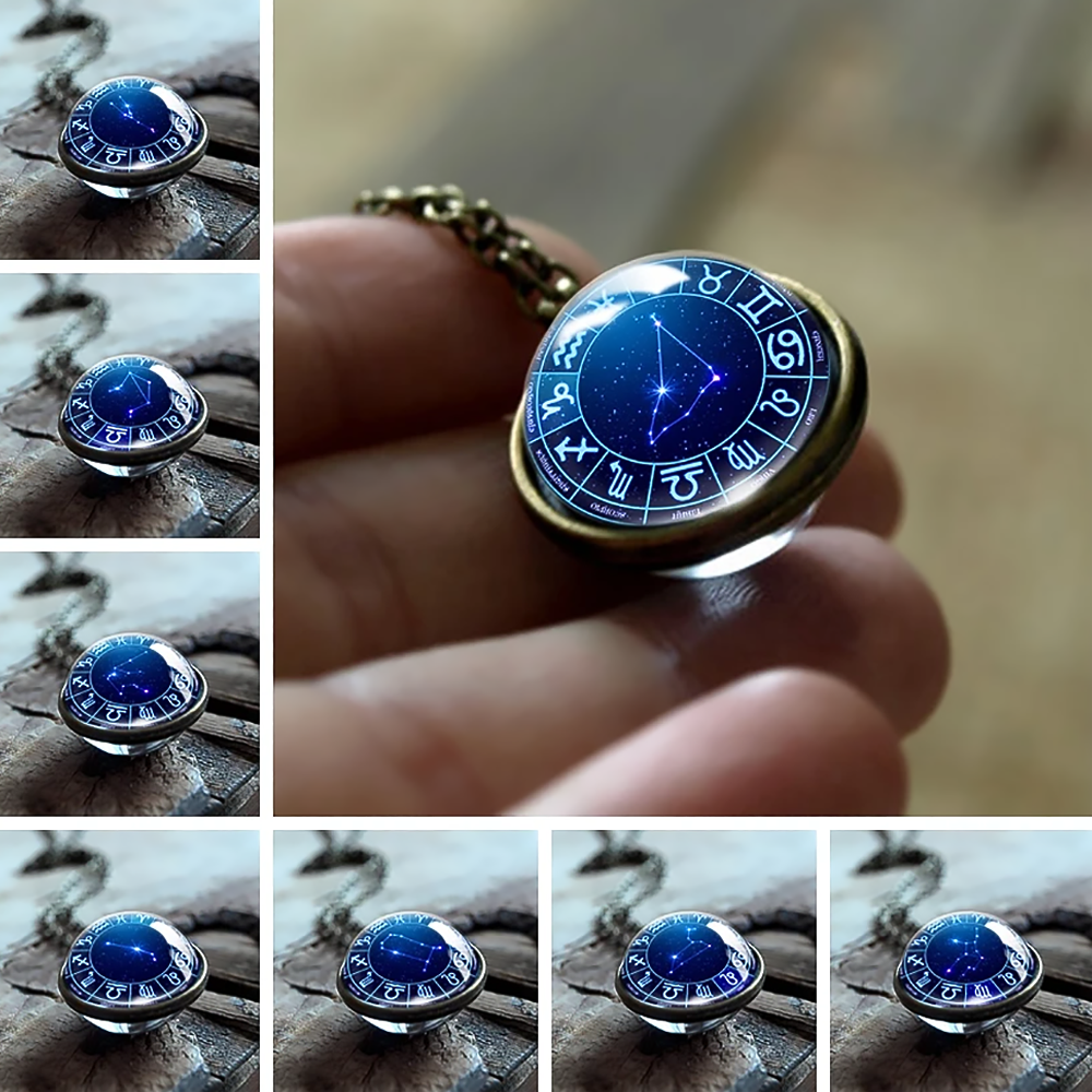 Double-Sided Glass Ball Zodiac Necklace Horoscope Gift Jewelry–1