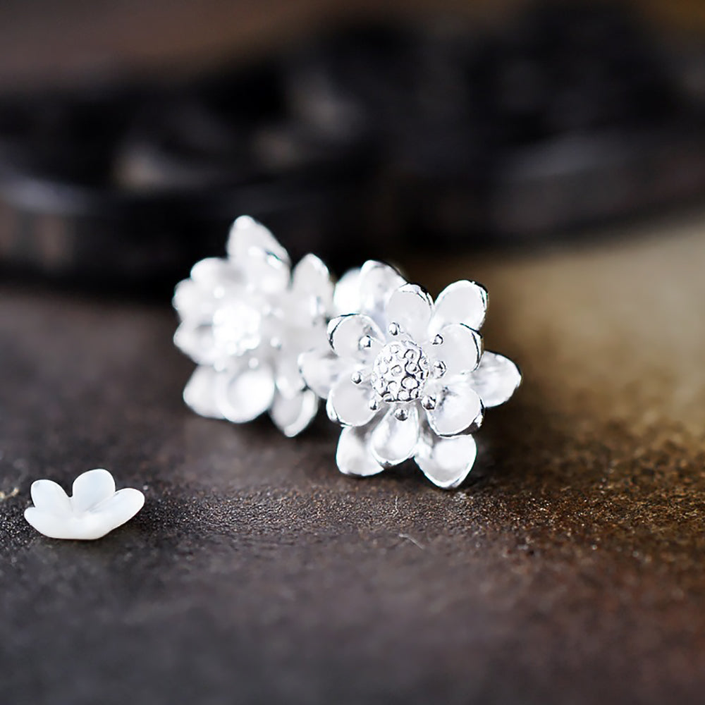 Sterling Silver Lotus Earrings Women’s Chinese Style Flower Jewelry-2