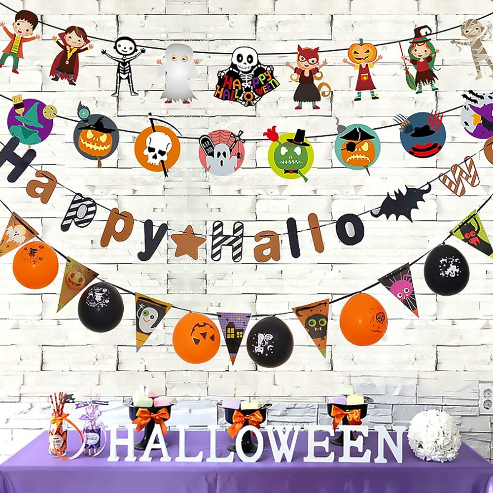 Halloween Bunting Banner Party Decorations with Bat Ghost Witch Pumpkin Cat Designs-2