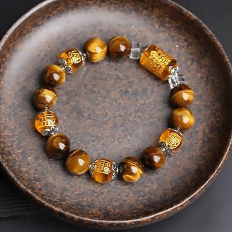 Tiger Eye Stone Three-sided God of Wealth Lucky Bead Bracelet