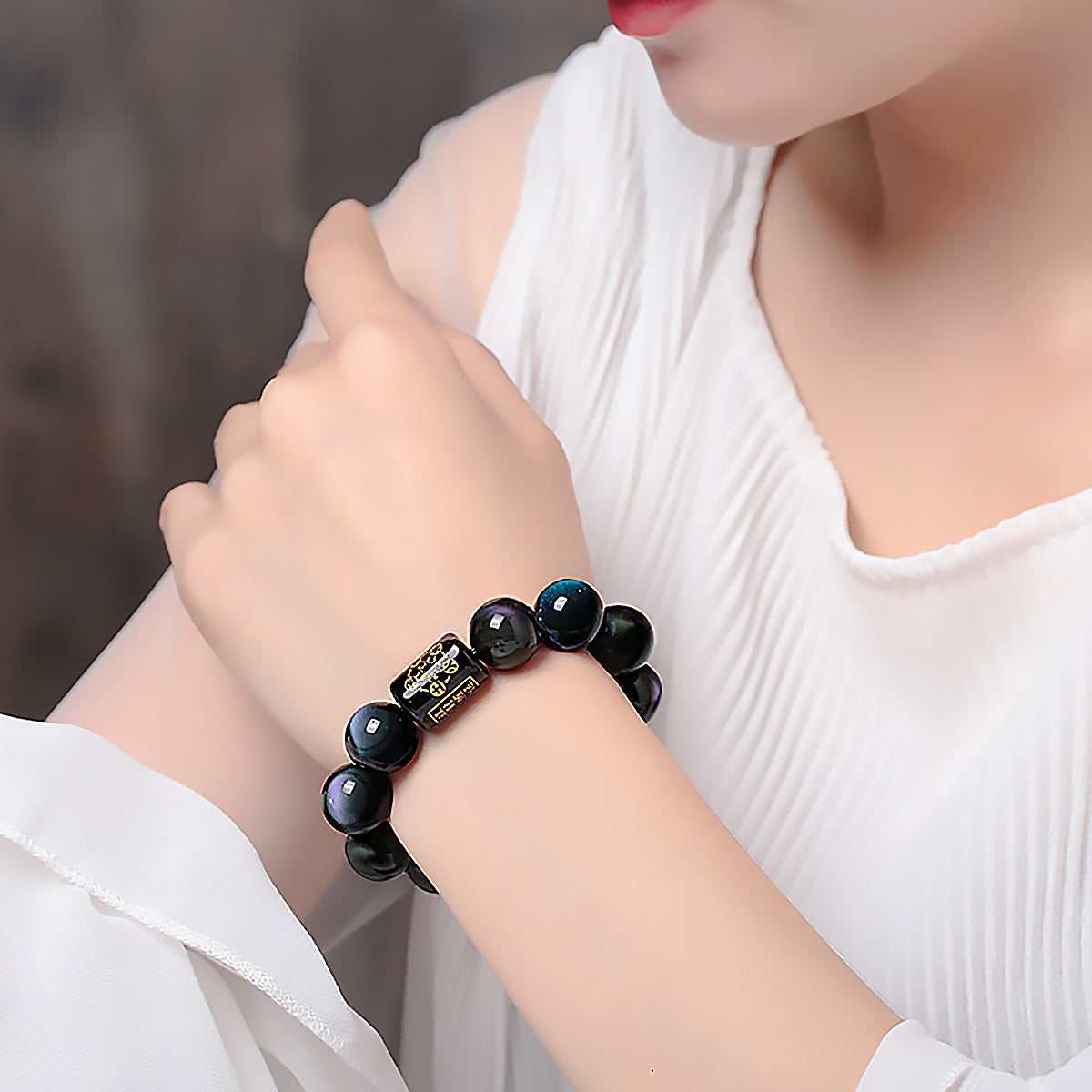 Rainbow Eye Obsidian Bracelet Natural Black Crystal Bead Bracelet-3