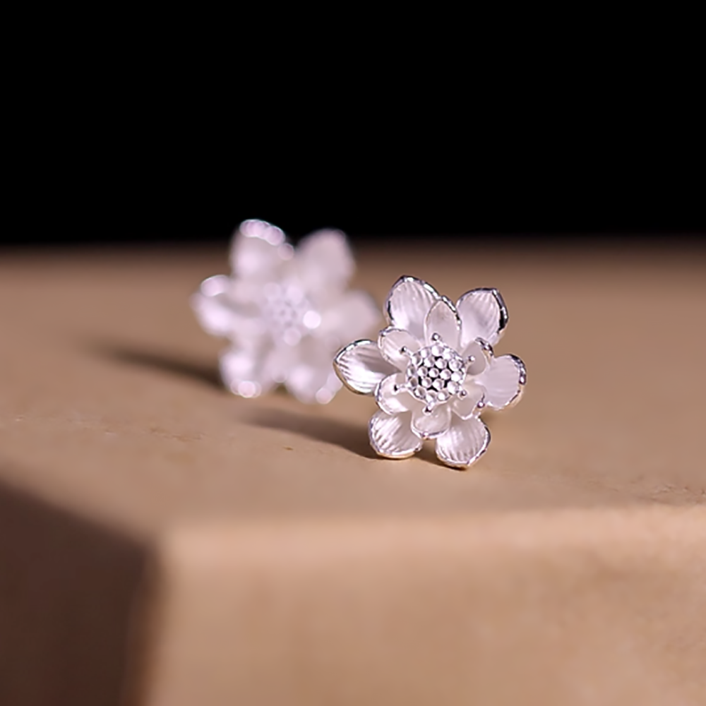 Sterling Silver Lotus Earrings Women’s Chinese Style Flower Jewelry-3