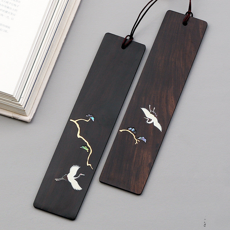 Rosewood Engraved Bookmark Chinese Pine and Crane with Spring Student Gift