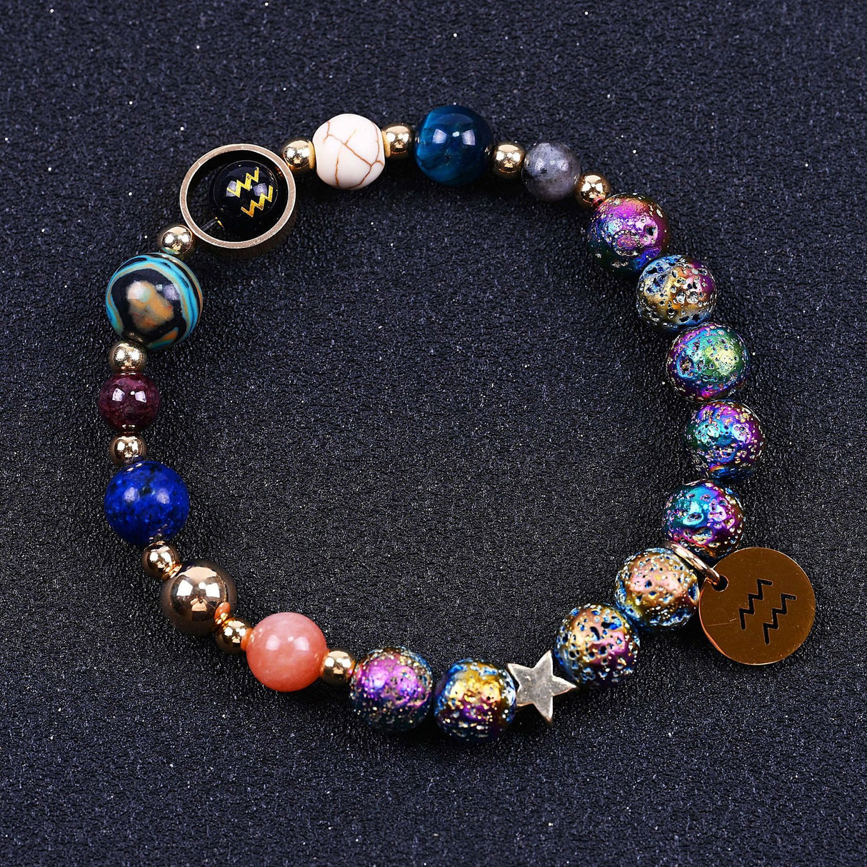 Couple Zodiac Bracelet Blue Sandstone & Lava Rock Beads-1