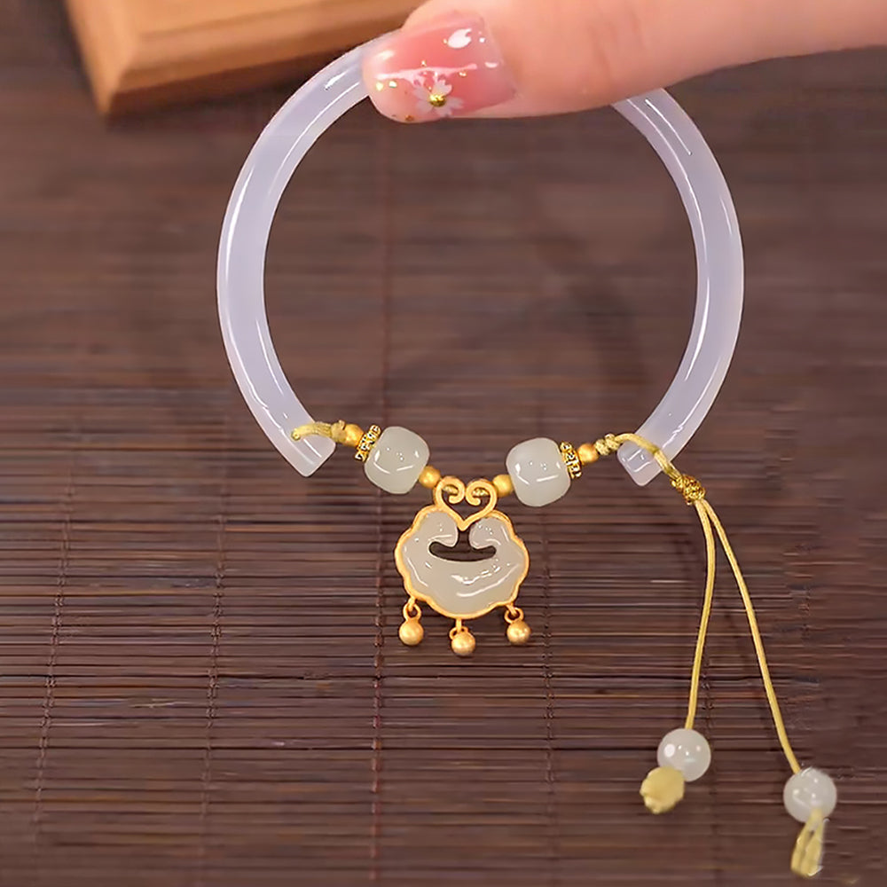 925 Sterling Silver Hetian Jade Longevity Lock Bracelet-3