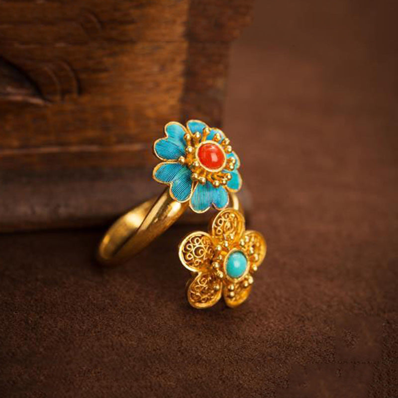 Natural Red Achat Ring Doppelblume Hetian Jade Frauenring Vintage Court Style Style