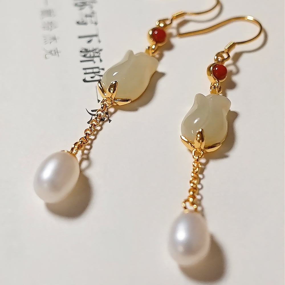 Gold Plated Hetian Jade Long Tassel Earrings Gift for Wife-3